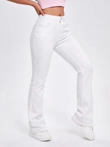 SHEIN EZwear Women's Waist Button Design Dual Pocket Casual Versatile Fashion Denim Jeans - White - View 5