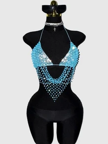 EgrlEra Petite Women's Fishnet Rhinestone Spaghetti Strap Top, Rhinestone Embellished Shiny Design, Perfect For Bar, Party, Club Outfits - Teal Blue - View 3
