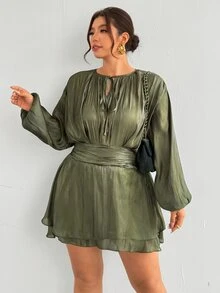 Firerie Plus Size Ruched Tie Waist Ruffle Hem Dress - Green - View 6