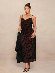 Elaquor Plus Size Women's Printed Waist-Cinching Cami Dress And Long Sleeve Cover-Up 2 Pieces Set Fall - Multicolor - View 3