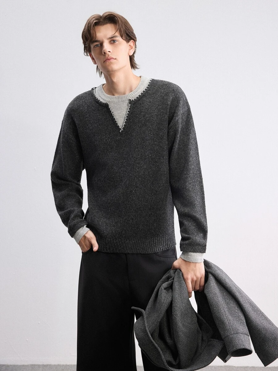 RONVEXI Men's 2 In 1 Crew Neck Long Sleeve Loose Fit Fashion Versatile Sweater Preppy Casual Autumn Top, Suitable For Daily Wear, Leisure, Vacation, - Dark Grey - View 1