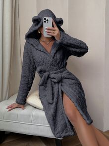 SHEIN Plush Jacquard Animal Ear Design Belted Hooded Open Front Robe - Grey - View 4