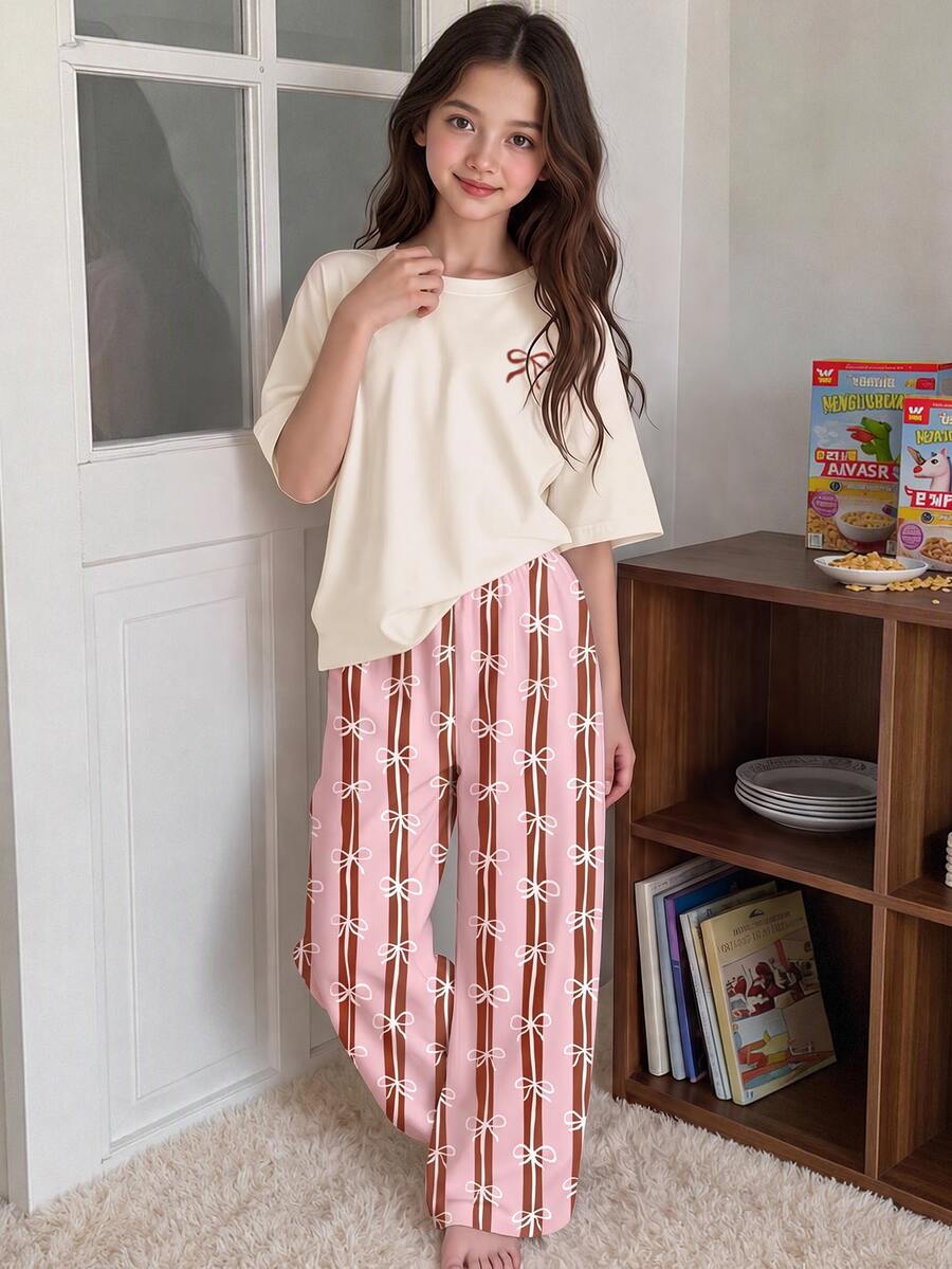 兒童青少年女孩休閒簡約圓領短袖長褲家居服,適合夏季 - 彩色 - 查看 1