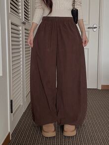 DAZY Solid Color Loose Leg Drawstring Corduroy Thickened Wide Leg Pants Autumn/Winter Women's Long Pants - Coffee Brown - View 6