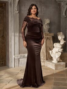 Aureia Plus Size Brown Lace Patchwork Elastic Velvet Mermaid Elegant Asymmetrical Shoulder Evening Gown - Coffee Brown - View 7