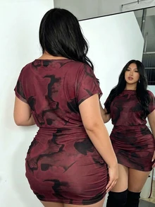 Firerie Plus Size Women's Short Sleeve Round Neck Ruched Fitted Fashion Dress - Multicolor - View 3
