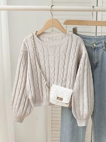 SHEIN 少女款粗繩編織舒適簡約長袖毛衣，適合日常穿著 - 彩色 - 查看 5