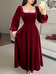 Feyla Women's Elegant Sweet Lace Patchwork Bowknot Strap Dress - Burgundy - View 4
