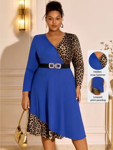 BrightlyHer Plus Size Sexy Metal Buckle Leopard Print Dress - Multicolor - View 1