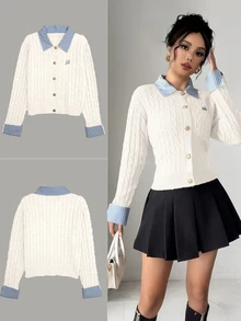 Franclia Fashionable French 2000s Blogger-Inspired 2 In 1 Patchwork Knit Cardigan Sweater Cable Button Up Collared Teachers' Day Office Grey Blue Autumn - Beige - View 2