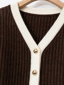 GlowEve CURVE 1pc Women's Plus Size V-Neck Long Sleeve Metal Round Button Casual Colorblock Knit Cardigan, Suitable For Daily Commute, Spring And Autumn - Multicolor - View 4