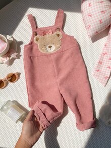 新生女嬰/幼女秋冬可愛熊圖案拼接刺繡燈芯絨吊帶褲連身衣，女嬰冬季連身褲/吊帶褲，聖誕 - 粉色 - 查看 8