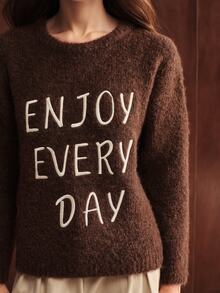 Anewsta Women's Fall/Winter Dark Brown Elegant Embroidered Decor Loose Comfortable Knit Top, Country Boho, Winter Clothes, Christmas Jumper, Going Out Party - Coffee Brown - View 6