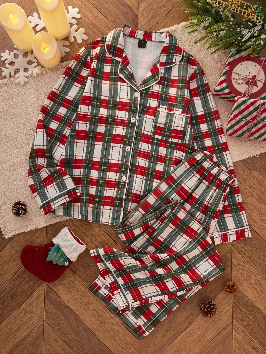 Dream Adore Plaid Print Lapel Front Open Long Sleeve Long Pants Pajama Set - Multicolor - View 1