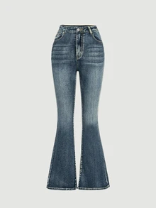 SHEIN Girlism 青少年女孩街頭時尚鈕扣口袋喇叭牛仔褲 - 深色水洗藍 - 查看 1