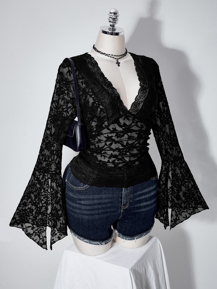 SHEIN ICON Women's Plus Size Lace Patchwork Black Flocked Top - Black - View 1