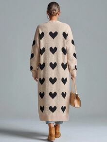 Solivie Women's Autumn/Winter Long Cardigan With Heart Contrast Color Design, Apricot Top Women Fall Winter Sweater Work Tops For Women - Apricot - View 3