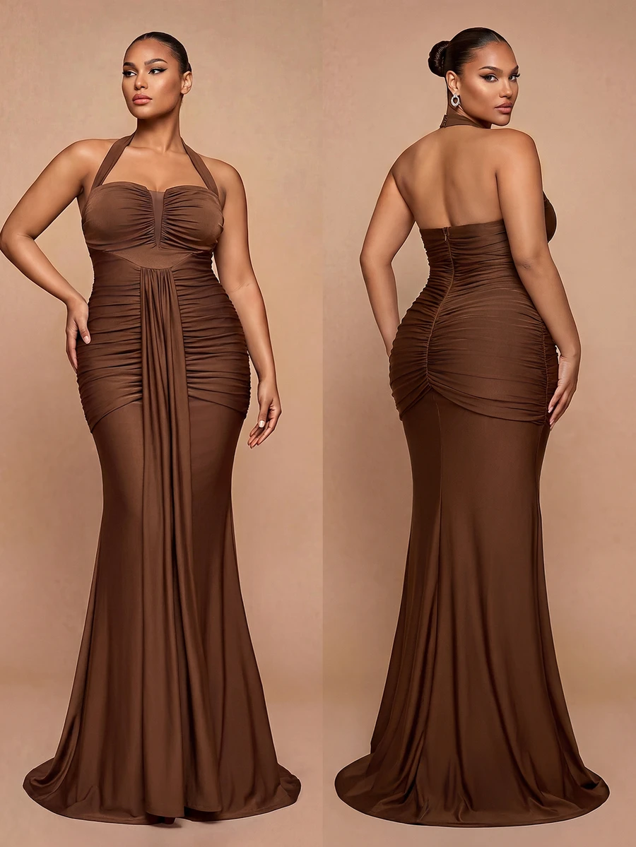 Glamrae Gaun Mermaid Tanpa Tali Leher V Dalam Seksi Elegan Romantis Ukuran Plus Warna Cokelat dengan Kain Rajut Elastis, Rumbai Berkerut, Hem Mermaid Pas Badan dengan Ekor, Cocok untuk Pernikahan, Pesta, Pesta Lajang, Liburan, Pesta Dansa, Gala Malam - Coklat - View 1