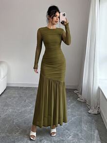 Firerie Women's Elegant Sexy Sage Green Long Sleeve Round Neck Maxi Dress,Summer Party Evening Gown,Autumn Casual Pastel Dress,Back To School Teacher Outfit - Army Green - View 4