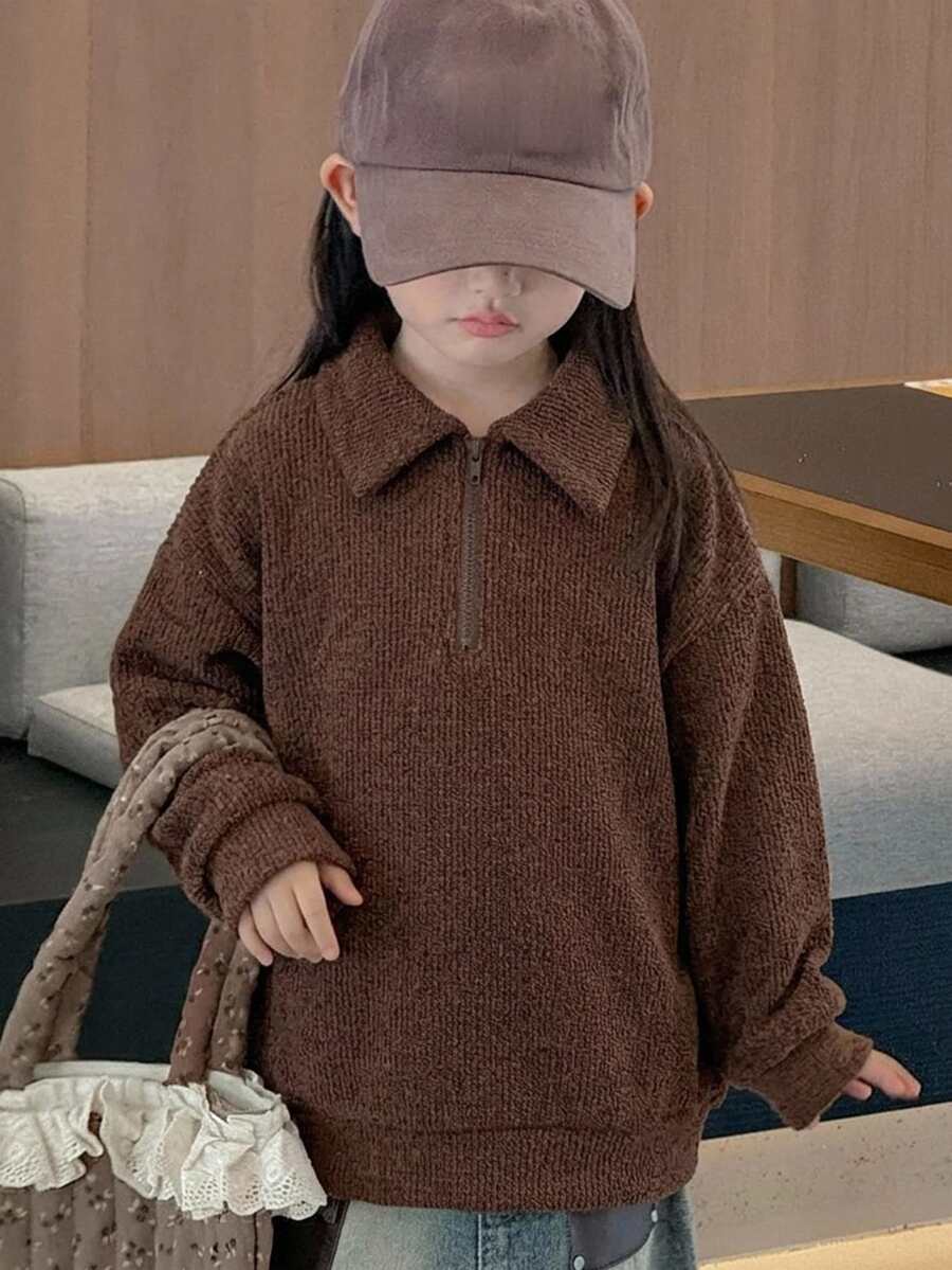 Dazy Kids هودي سويت شيرت للبنات الصغيرات بلون سادة مع ياقة بسحاب وأكمام طويلة - بني - مشاهدة 1