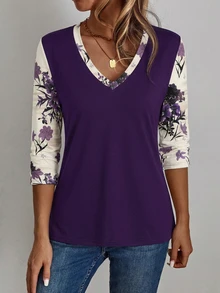 EMERY ROSE Plus Size Contrast Floral V-Neck All-Over Print T-Shirt, Suitable For Spring And Autumn - Multicolor - View 3