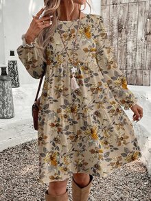 EMERY ROSE Höst/vinter ny avslappnad minimalistisk khaki blomsterprint rundhals lös midiklänning för kvinnor, lämplig för vår/höst Thanksgiving-outfit - Multifärgad - Visa 1