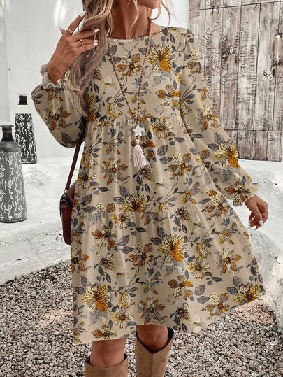 EMERY ROSE Autumn/Winter New Casual Minimalist Khaki Floral Print Round Neck Loose Mid-Length Women's Dress, Suitable For Spring/Autumn Thanksgiving Outfit