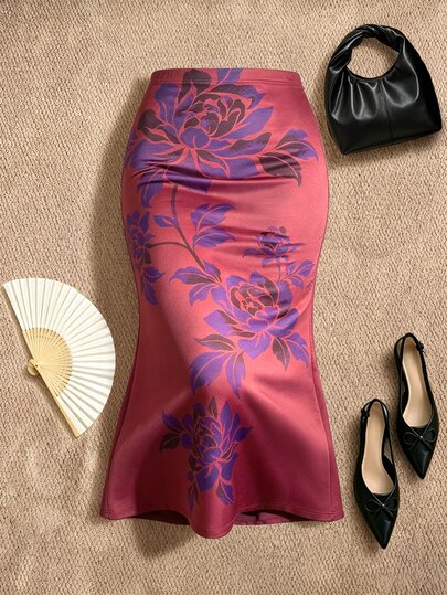 EastFlair Plus Size Vintage Floral Print Mermaid Skirt