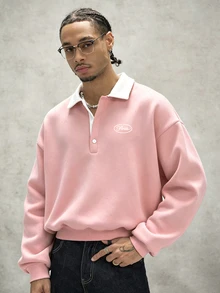 PAVTROS Men's Letter Print Long Sleeve Polo Collar Casual Loose Sweatshirt - Pink - View 4