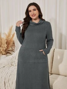 Lacomfia Plus Size Women's Loose Casual A-Line High Neck Long Sleeve Elastic Ribbed Long Dress, Autumn - Dark Grey - View 5