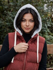 Linhara Plus Size Autumn/Winter Sleeveless Vest With Detachable Hood Cotton Padded - Rust Brown - View 9
