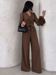 Modelyn Autumn/Winter Elegant Fashion V-Neck Cross Ruffle Long Sleeve Jumpsuit With Bow Waist Belt And Draped Wide Leg Pants For Women - Coffee Brown - View 3