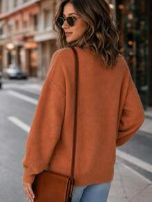 SHEIN CURVE+ كنزة صوفية بأكمام طويلة وأزرار على شكل ضفدع بتصميم مضلع عتيق للمقاسات الكبيرة - لون برتقالي - مشاهدة 2