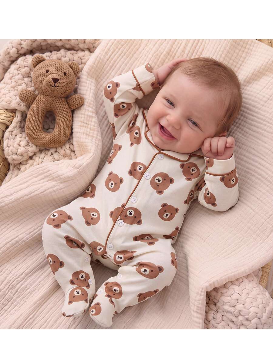 SHEIN Newborn Baby Single-Breasted Cute Bear Pattern Long Sleeve Loungewear - Apricot - View 1