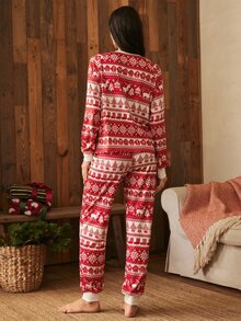 Lullawish Set Piyama Wanita Atasan Lengan Panjang Berkerah V dengan Trim Kontras Motif Natal & Celana Panjang yang Serasi - Merah - View 5