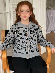Hapijoa Tween Girl) Leopard Print Contrast Color Open Front Thick Knit Cardigan Sweater, Autumn/Winter - Grey - View 4
