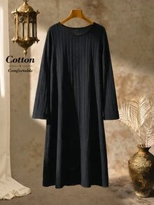 Rusticease Women's Long Sleeve Round Neck Colorblock Hem Loose Long Dress - Black - View 3