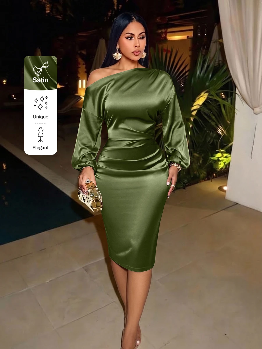 SOLERSUN Asymmetric Neckline Ruched Side Satin Bodycon Dress Maxi Women Outfit - Army Green - View 1