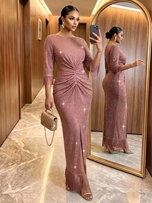 SHEIN Lady Plus Size Women's Round Neck Short Sleeve Tassel Cuff Pleated Sequin Split Hem Party Dress - Dusty Pink - View 5