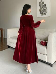 Feyla Women's Elegant Sweet Lace Patchwork Bowknot Strap Dress - Burgundy - View 6