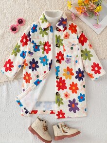 SHEIN 女童小碎花雙口袋休閒人造毛皮夾克 - 紅色 - 查看 1