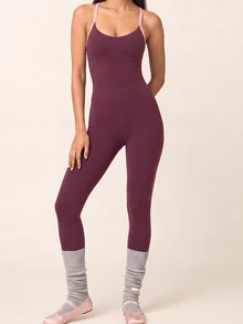 SHEIN BAE Women's Colorblock Criss-Cross Back Design Spaghetti Strap Sports Jumpsuit - Burgundy - View 5