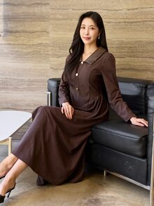 DAZY Women's Slim Fit Elegant Corduroy Mid-Length Dress - Brown - View 6