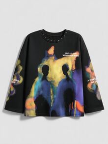 ROMWE Street Life Plus Size Women's Letter & Silhouette Print Casual Everyday Long Sleeve T-Shirt - Black - View 1