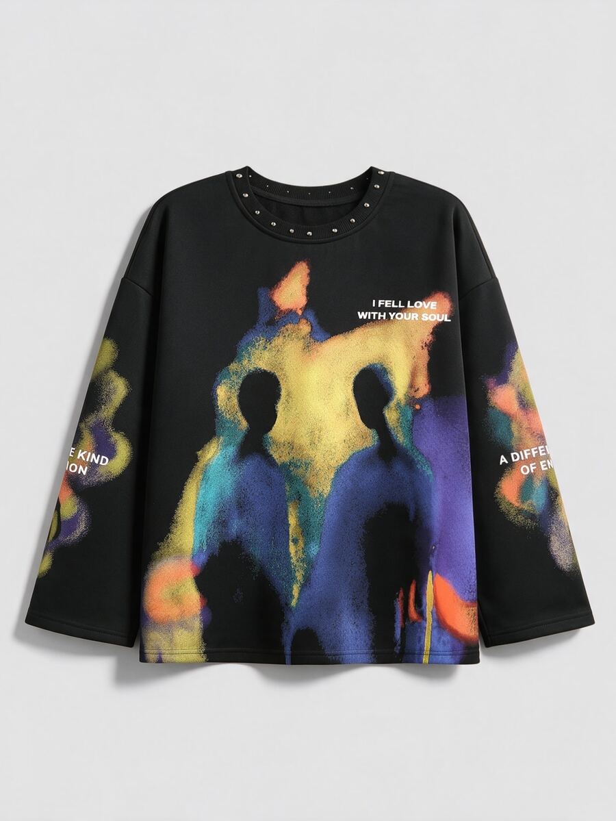 ROMWE Street Life Plus Size Women's Letter & Silhouette Print Casual Everyday Long Sleeve T-Shirt - Black - View 1