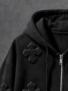 Manfinity EMRG Men Gothic Cross Chenille Embroidery Full Zip Hoodie, Oversized Drawstring Hooded Sweatshirt - Black - View 4