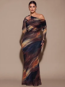 SHEIN BAE CURVE 大尺碼女款優雅長洋裝，適合外出、約會、聖誕節、秋冬季、雞尾酒會、生日派對、舞會 - 棕色 - 查看 6