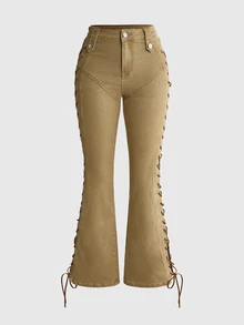 ROMWE Autumn/Winter Retro Hippie Side Lace-Up Flare Leg Women's Jeans - Coffee Brown - View 3