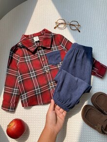 SHEIN 2件組嬰兒男童/女童套裝，秋冬拼色貼袋翻領長袖鈕扣格紋襯衫搭配鬆緊腰長褲，百搭舒適，適合聖誕節 - 彩色 - 查看 3
