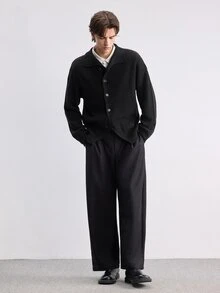RONVEXI 男士純色長袖單排扣針織開襟衫，秋冬款 - 黑色 - 查看 6